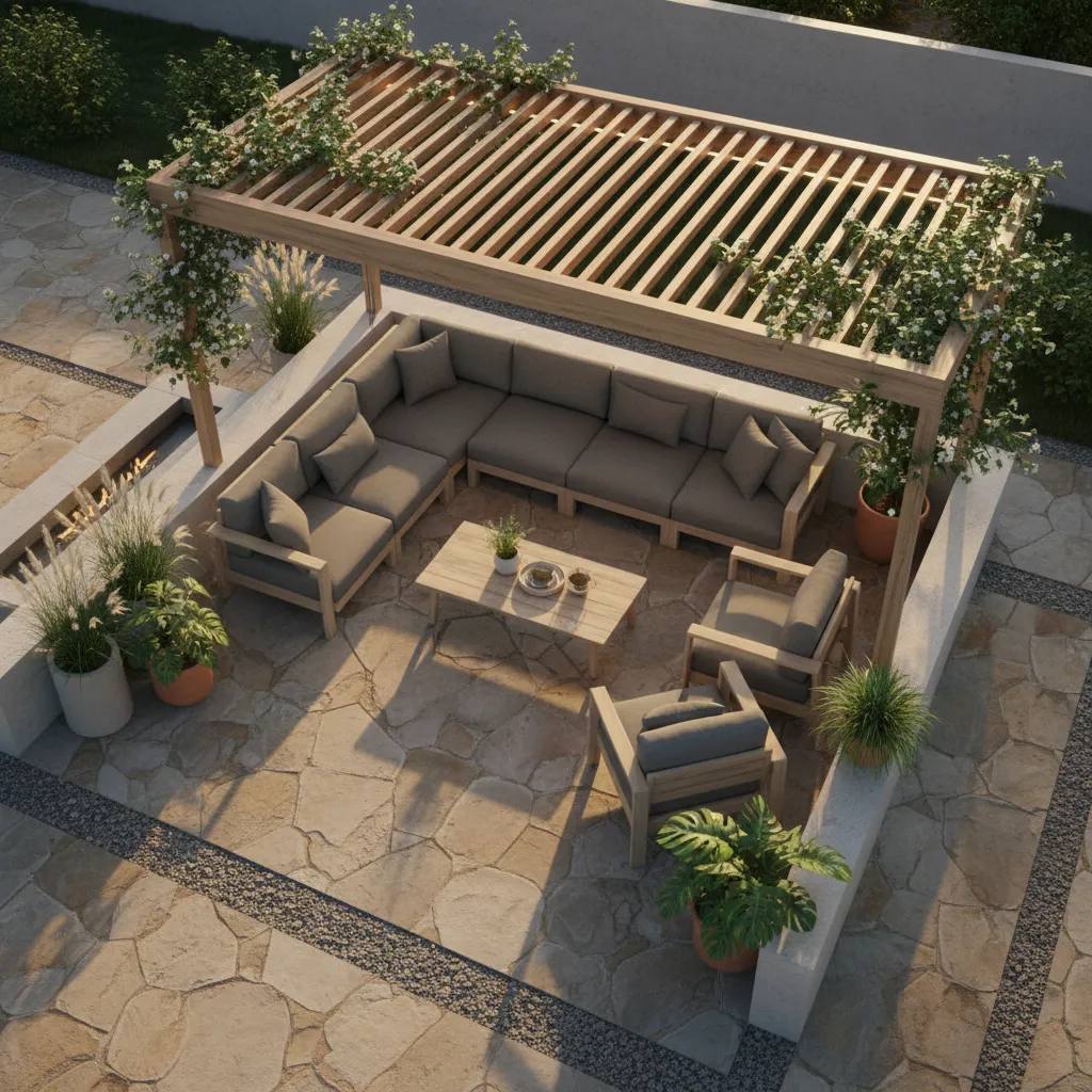 Diseño conceptual de una terraza exterior con zonas de descanso