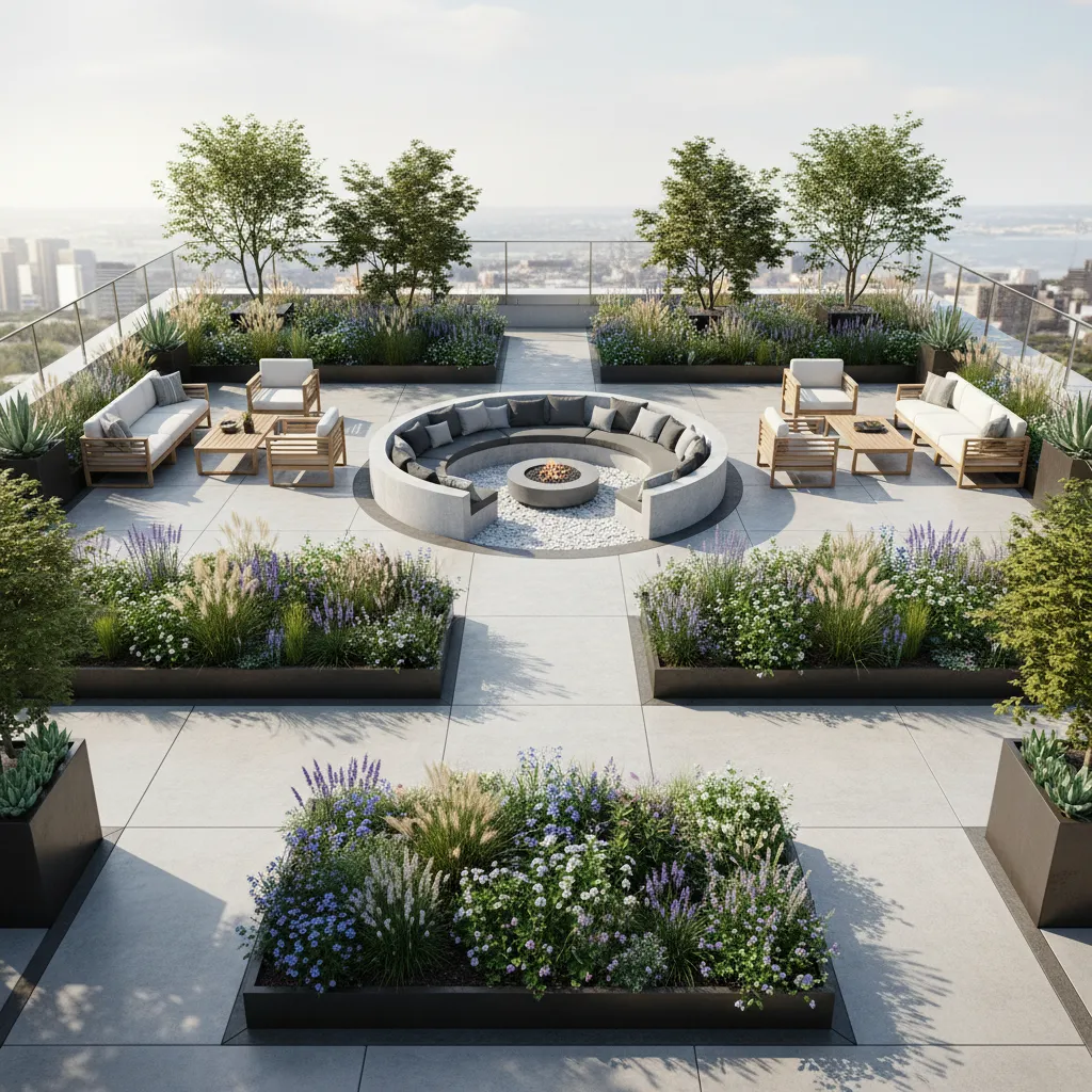 Modern rooftop garden featuring circular fire pit seating wooden sofas flower beds and city view
