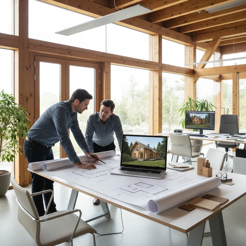Diseñador planificando la distribución de ventanas en una casa de madera