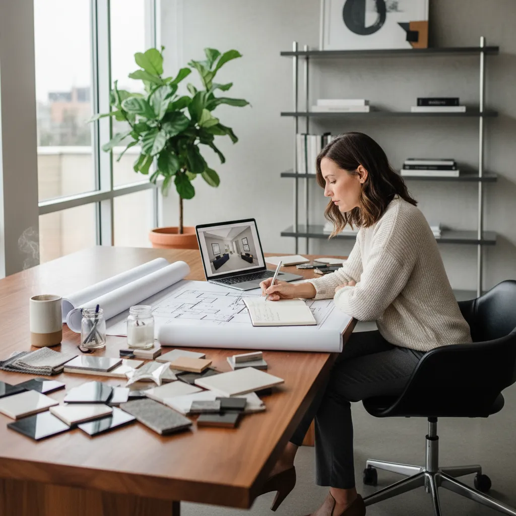 Diseñador revisando planos y notas antes de asistir a una feria