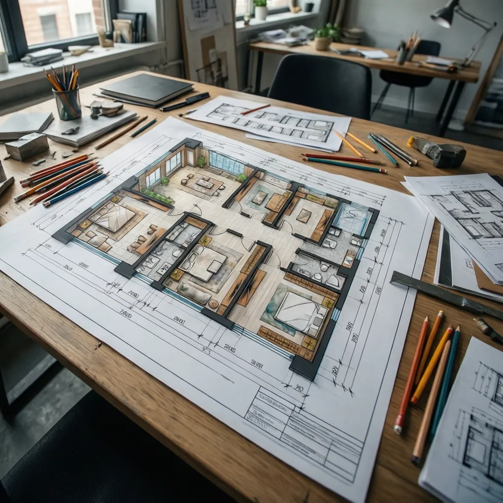 Plano de vivienda con notas de diseño y planificación de espacios