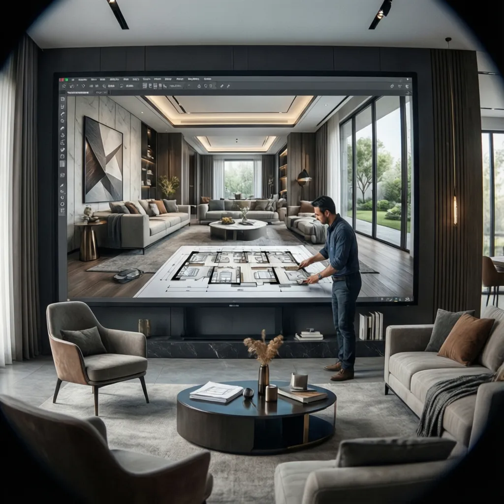 Man using interior design software on large screen showing floor plan in modern living room