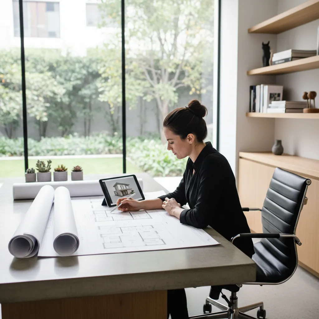 Diseñador revisando planos de una vivienda moderna sobre una mesa