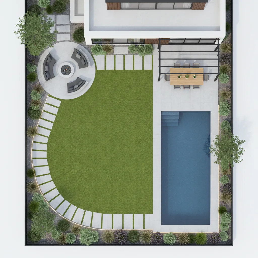Top view of garden layout featuring green lawn swimming pool outdoor dining table and seating