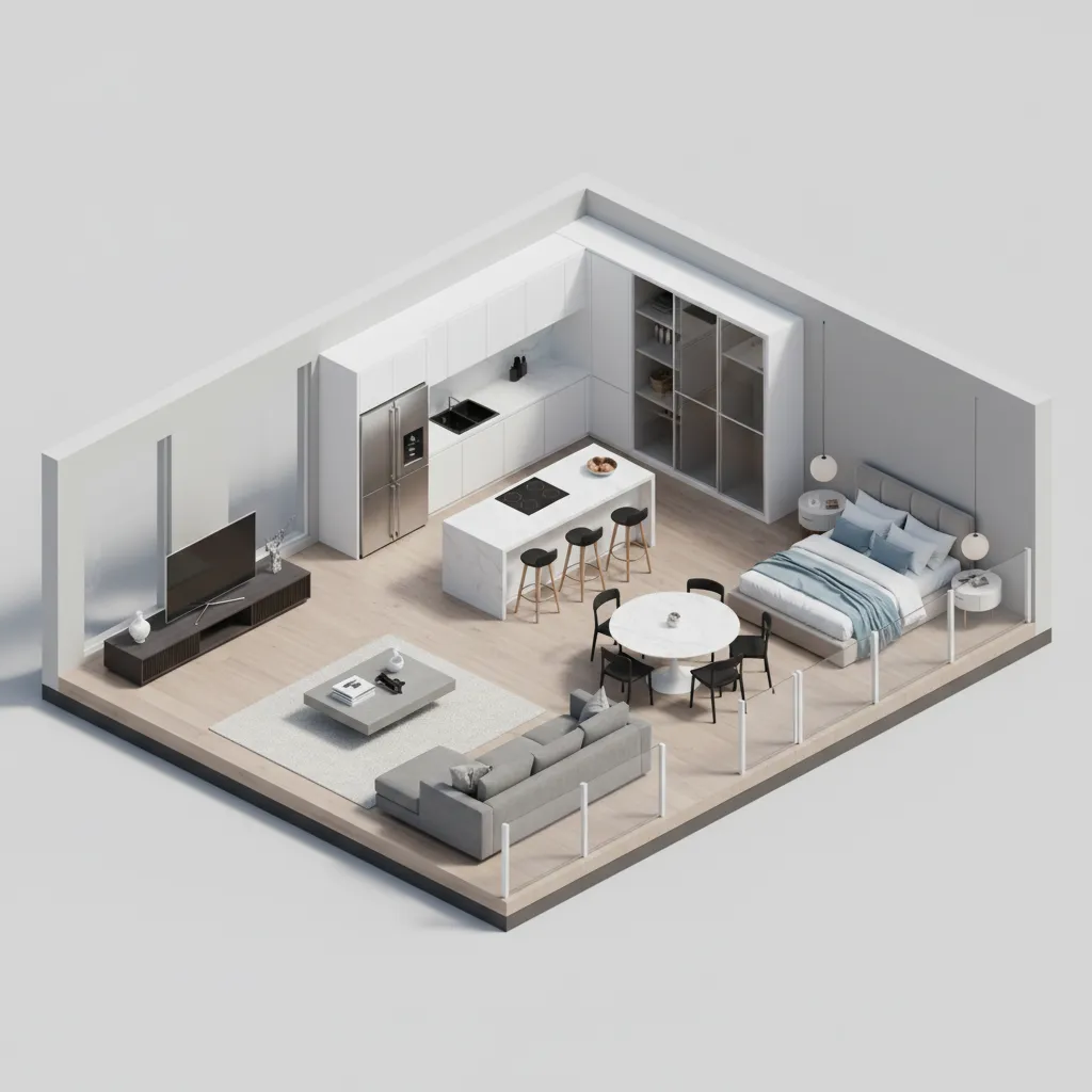 Plano 3D de una casa con muebles y distribución interior