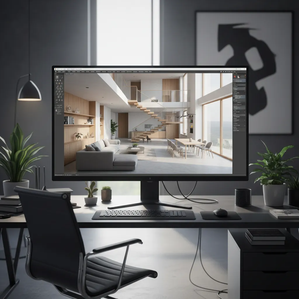 Visualización 3D de plano de vivienda en software de diseño