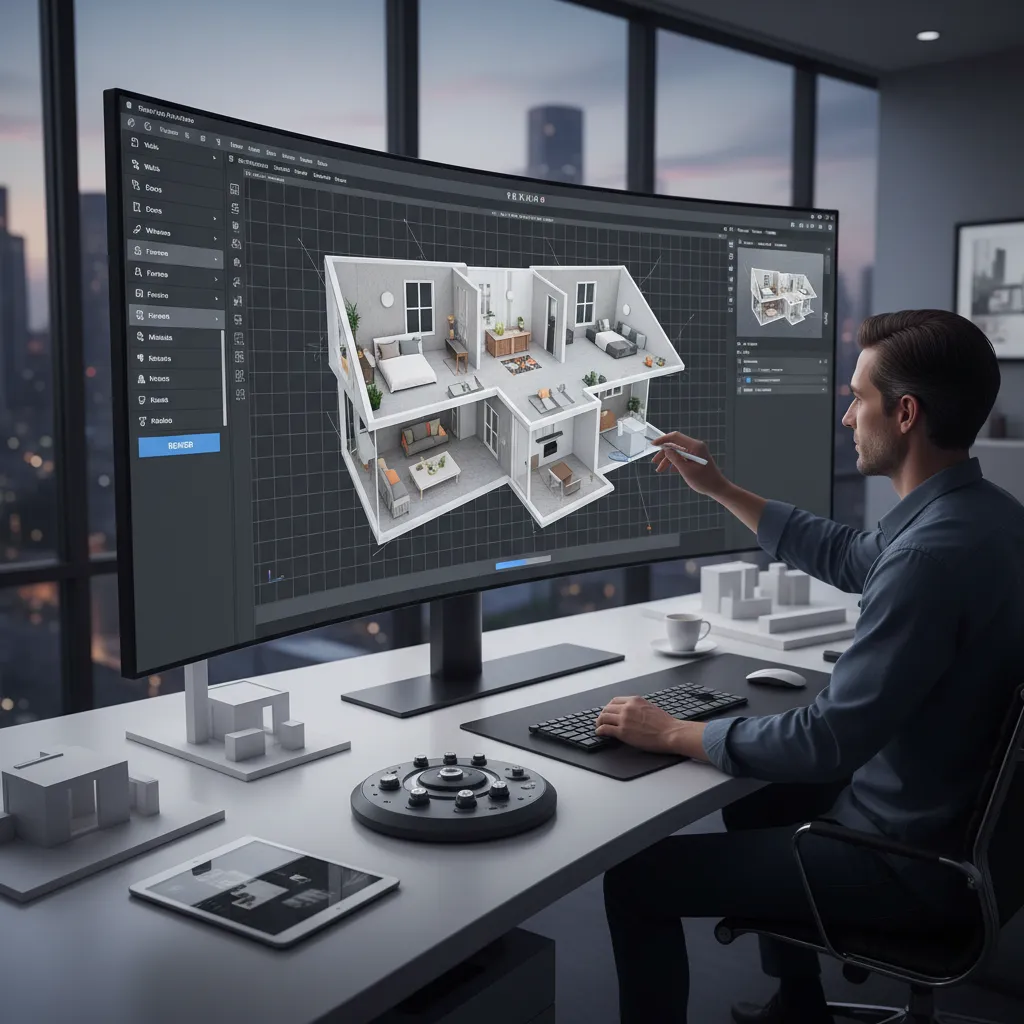 persona usando un planificador 3D para diseñar una casa