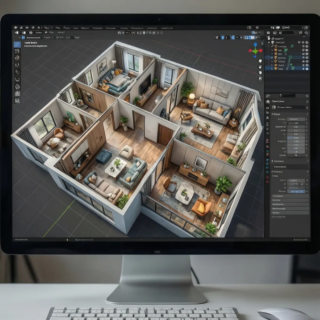 vista de un plano de casa en 3D generado con software de diseño