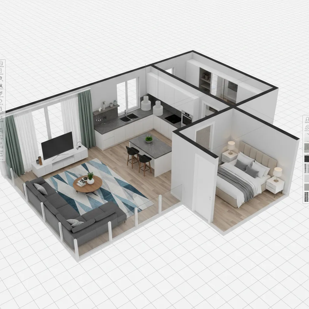 Visualización 3D de distribución interior de una casa generada con software de diseño