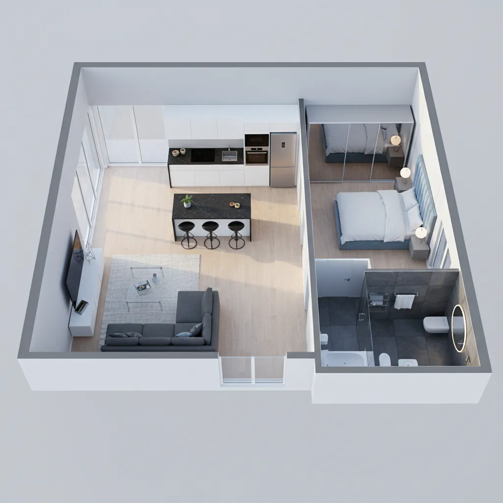 Plano 3D completo de una vivienda con varias habitaciones