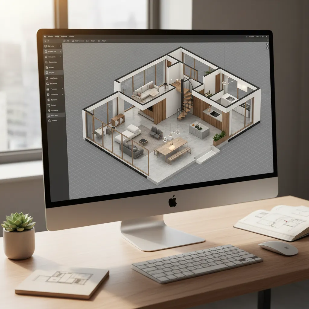 Computer screen showing a 3D interior design drawing of a modern house with a staircase.