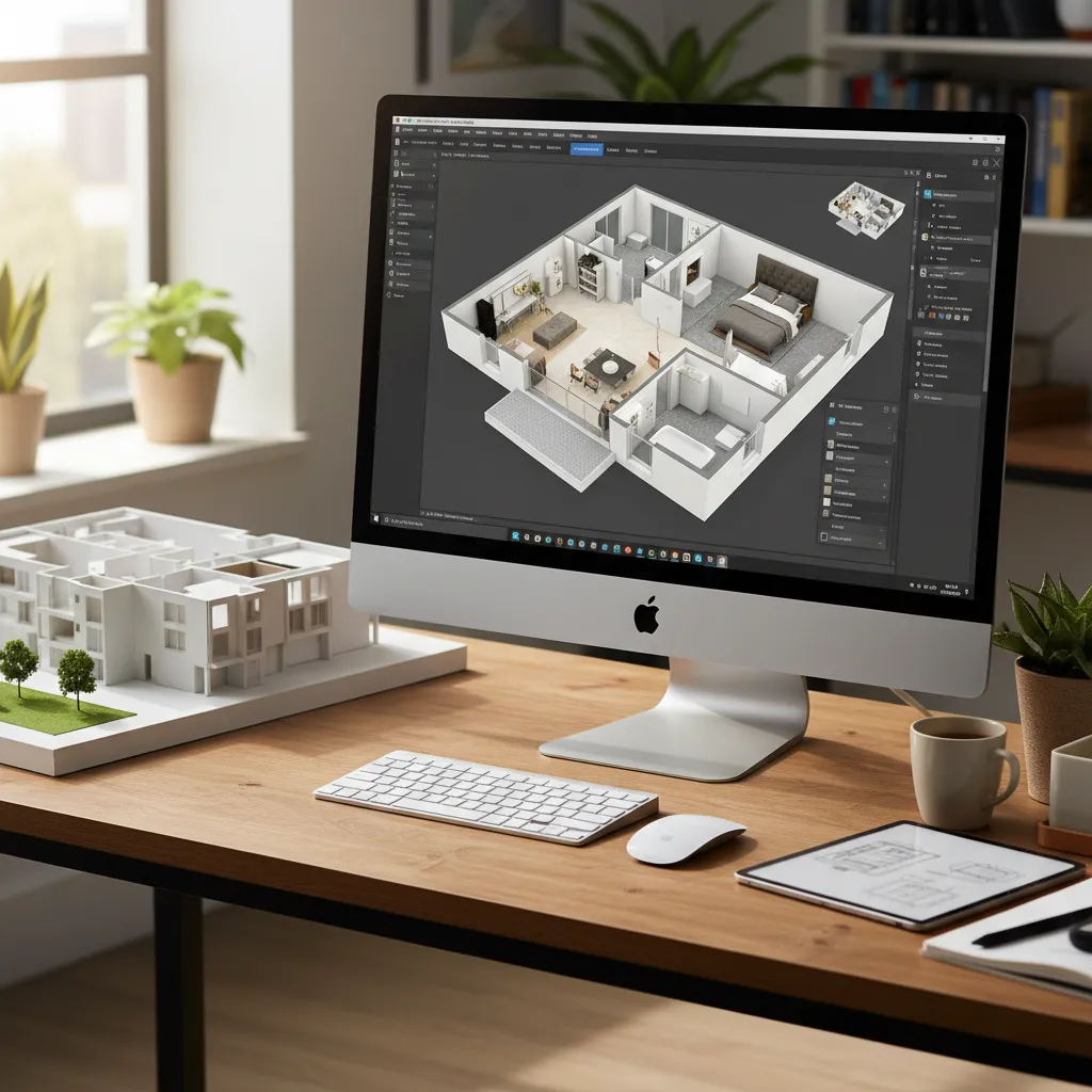 Pantalla de ordenador mostrando software de planificación 3D de interiores