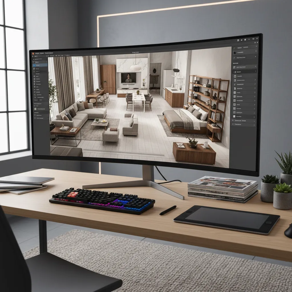 Visualización 3D de distribución interior en una pantalla de ordenador