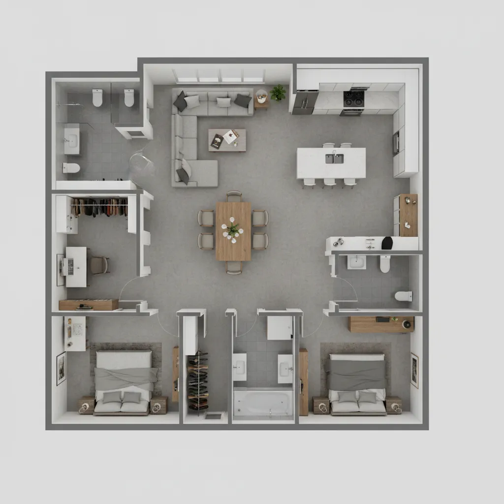 3D interior design drawing showing a modern two-bedroom apartment layout with furniture and wood flooring