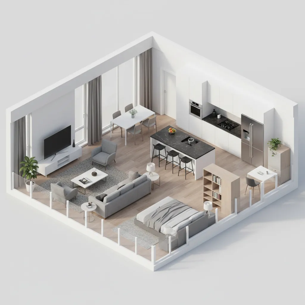 Vista 3D de un plano de casa con habitaciones y muebles organizados