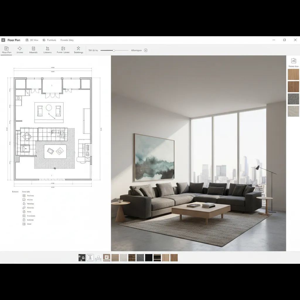 Visualización 3D de un salón creado con software de diseño interior