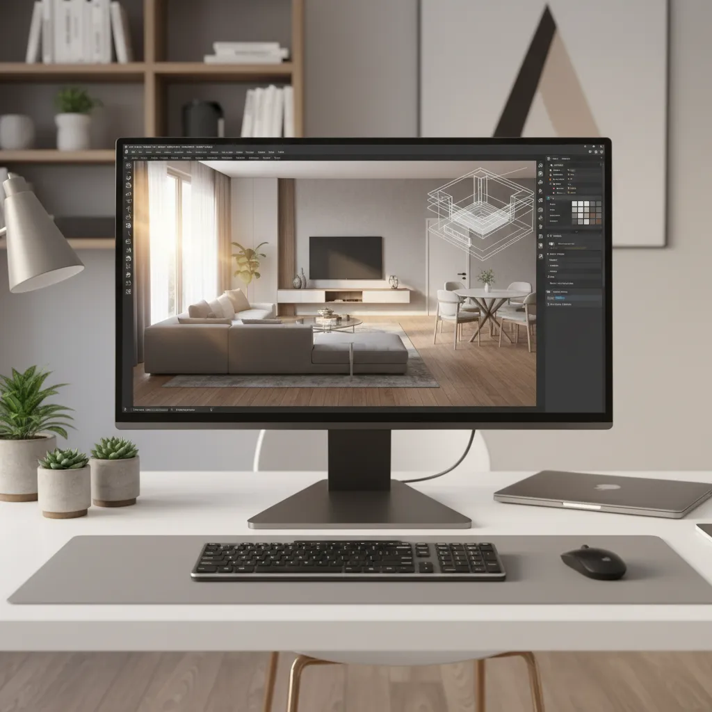 Pantalla mostrando un diseño de interior en 3D con muebles colocados