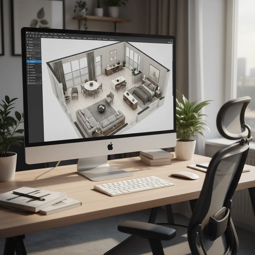 Pantalla mostrando un plano 3D de una vivienda con muebles distribuidos