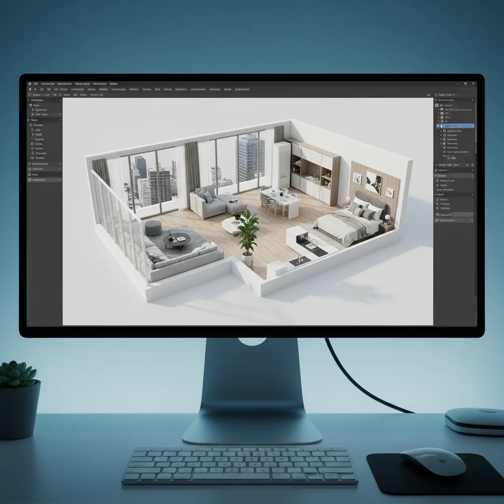 Computer monitor displaying modern room layout including living room bedroom kitchen dining area and balcony