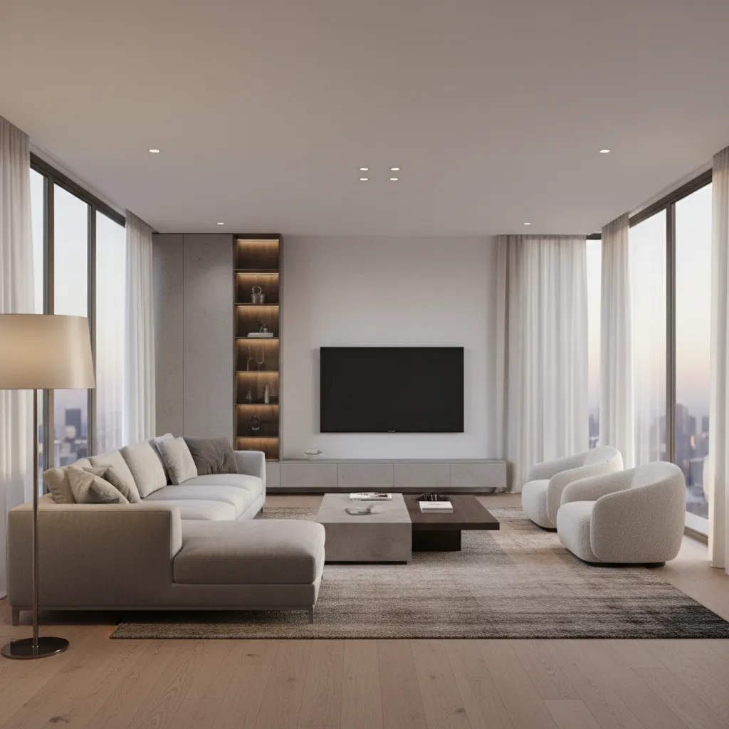 Modern living room with grey sofa two white armchairs television floor lamp and large windows