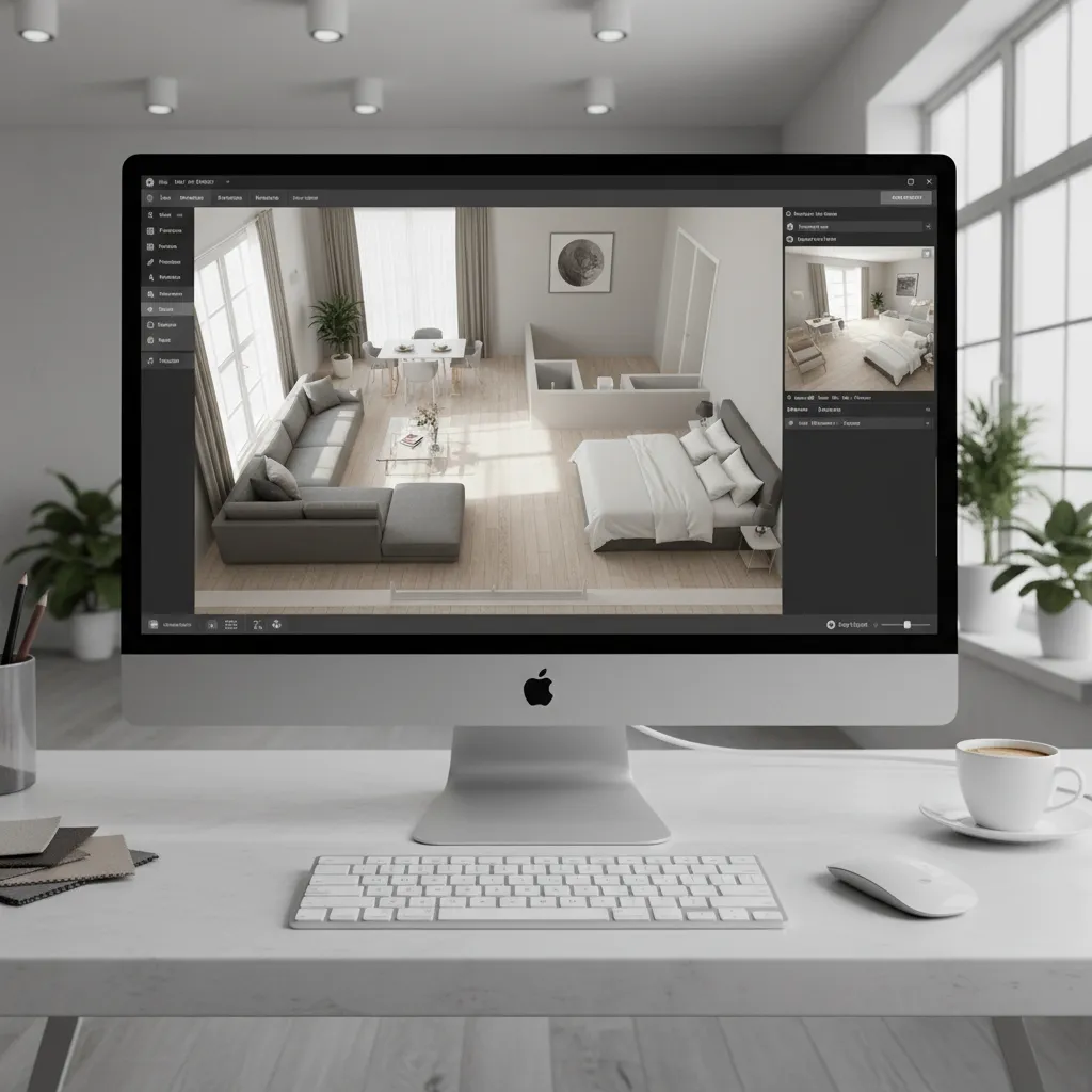 Pantalla de ordenador mostrando un plano de apartamento en 3D con muebles