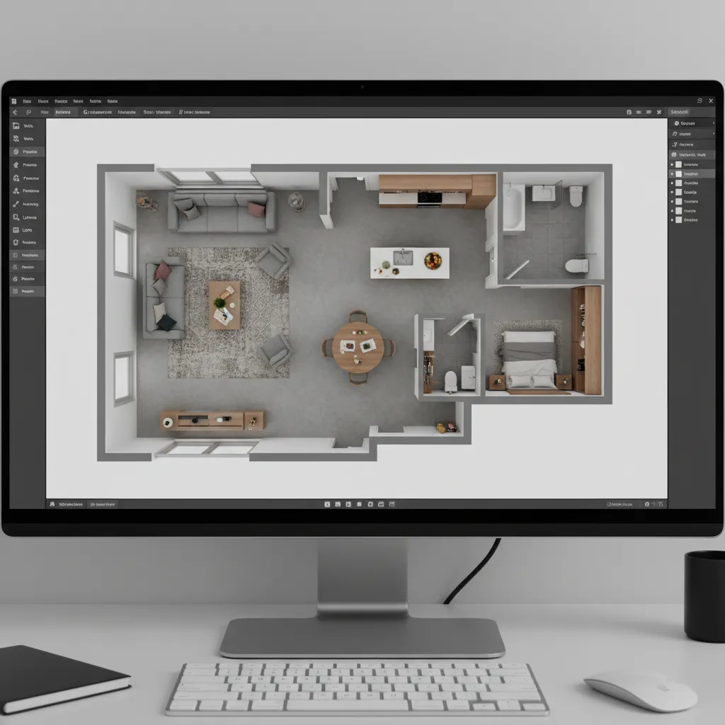 Vista de un plano 3D de una vivienda con muebles colocados digitalmente