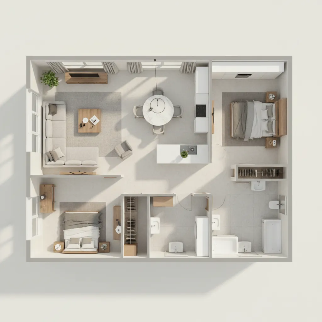 Plano digital 3D de una vivienda con habitaciones organizadas