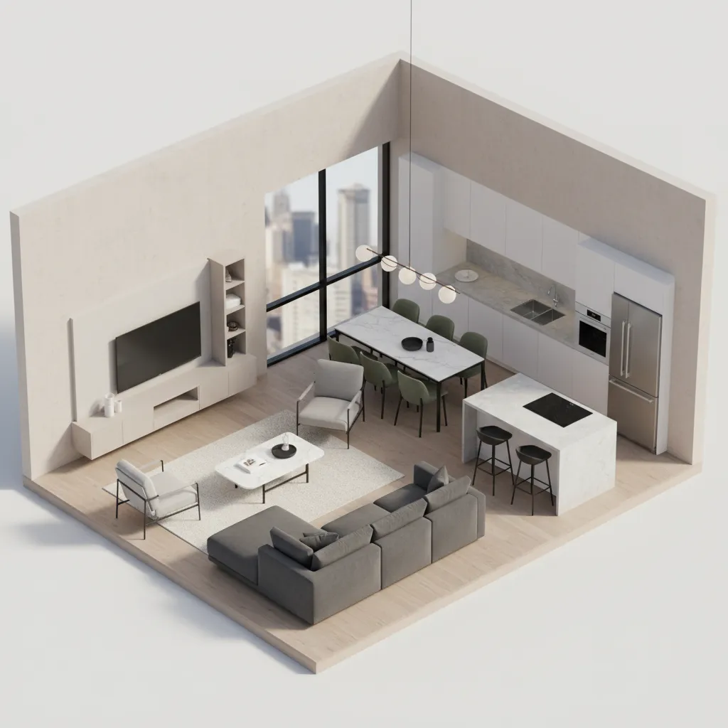 Vista en 3D de un plano de casa mostrando distribución de habitaciones