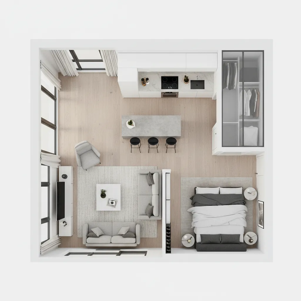 Plano 3D de un apartamento con distribución de salón, cocina y dormitorio