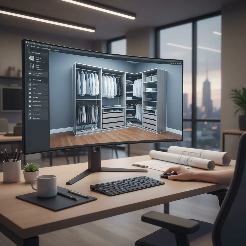 Designer using closet design software on a monitor with interior design drawing and a keyboard