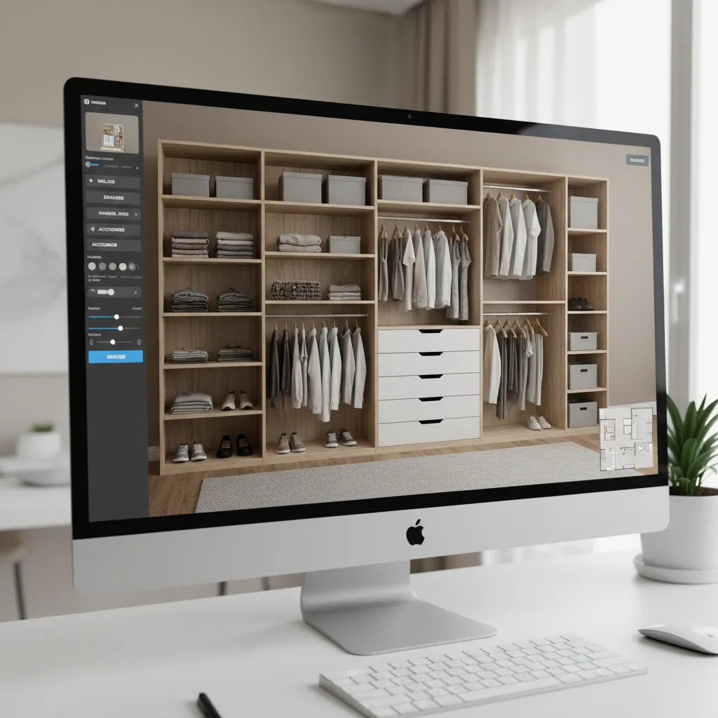 Computer monitor showing 3D closet design software with wooden cabinets, hanging clothes, and shelf layout