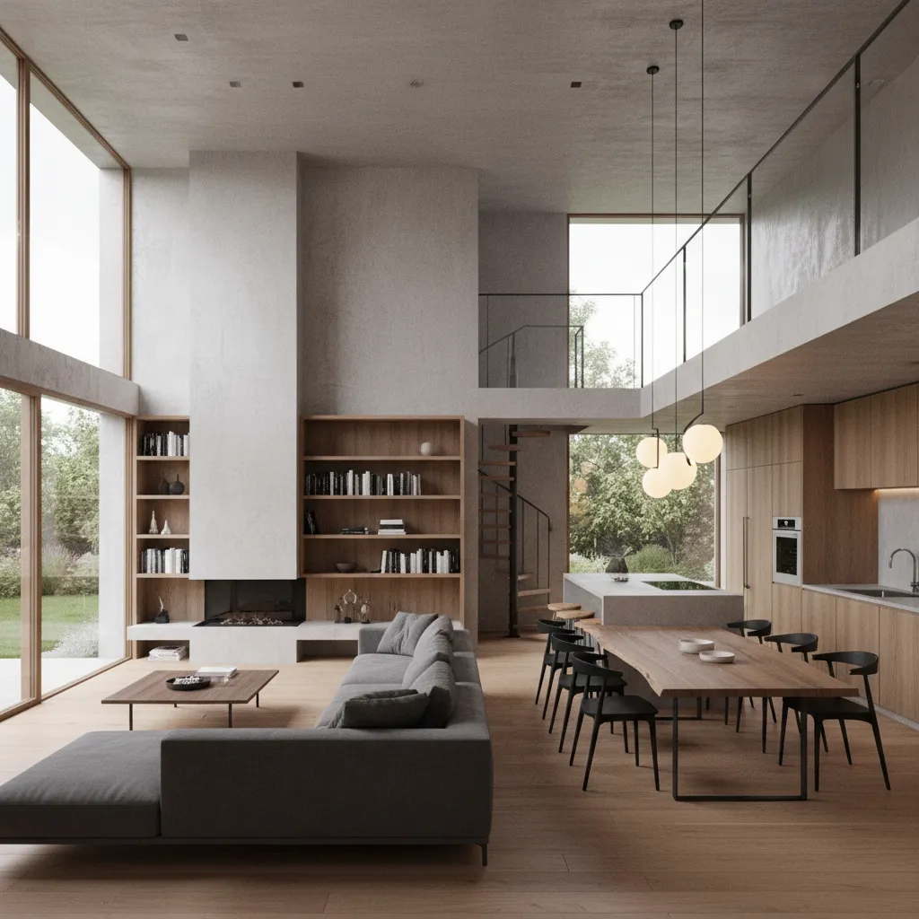 Modern open plan living room with grey sofa wooden dining table and large windows with view