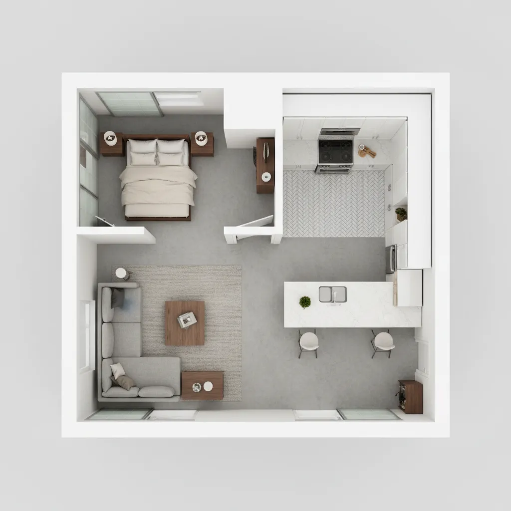 Plano digital de apartamento con muebles colocados en 3D