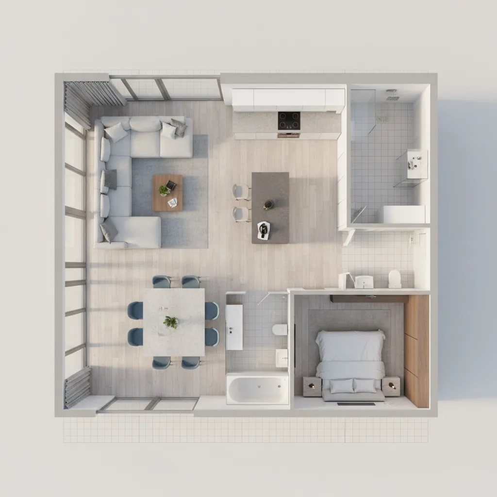 Vista 3D de plano de casa con muebles distribuidos