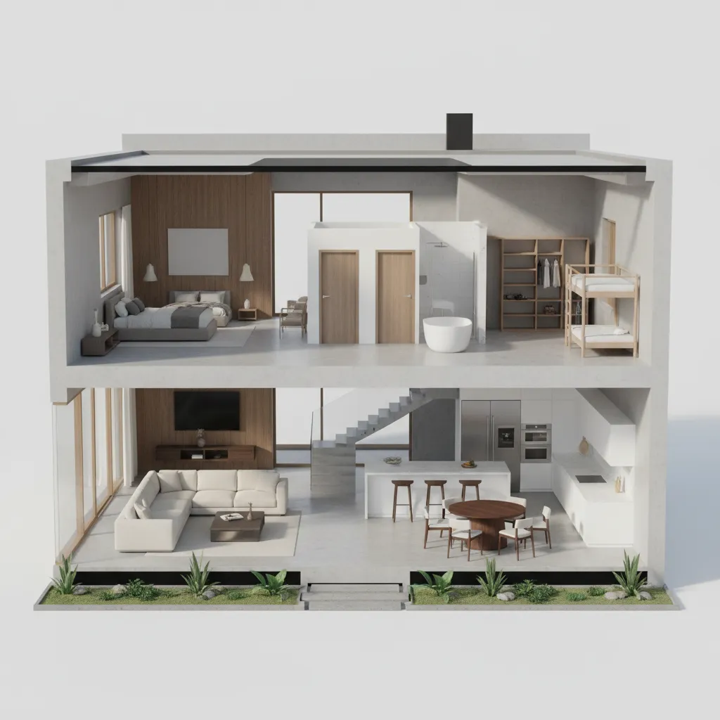 3D interior design drawing showing two floor house layout with living kitchen and upstairs bedrooms