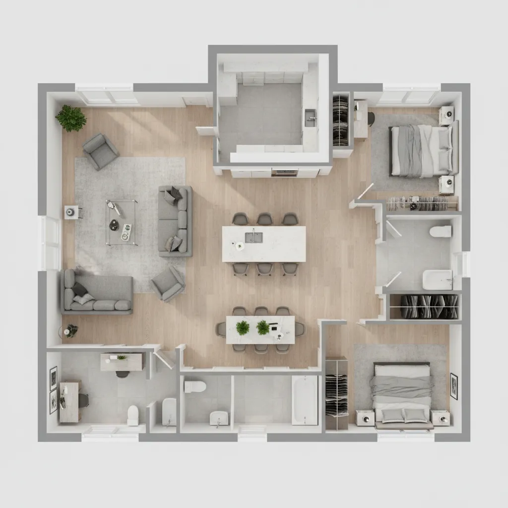 Visualización 3D de una casa moderna generada con software de planificación
