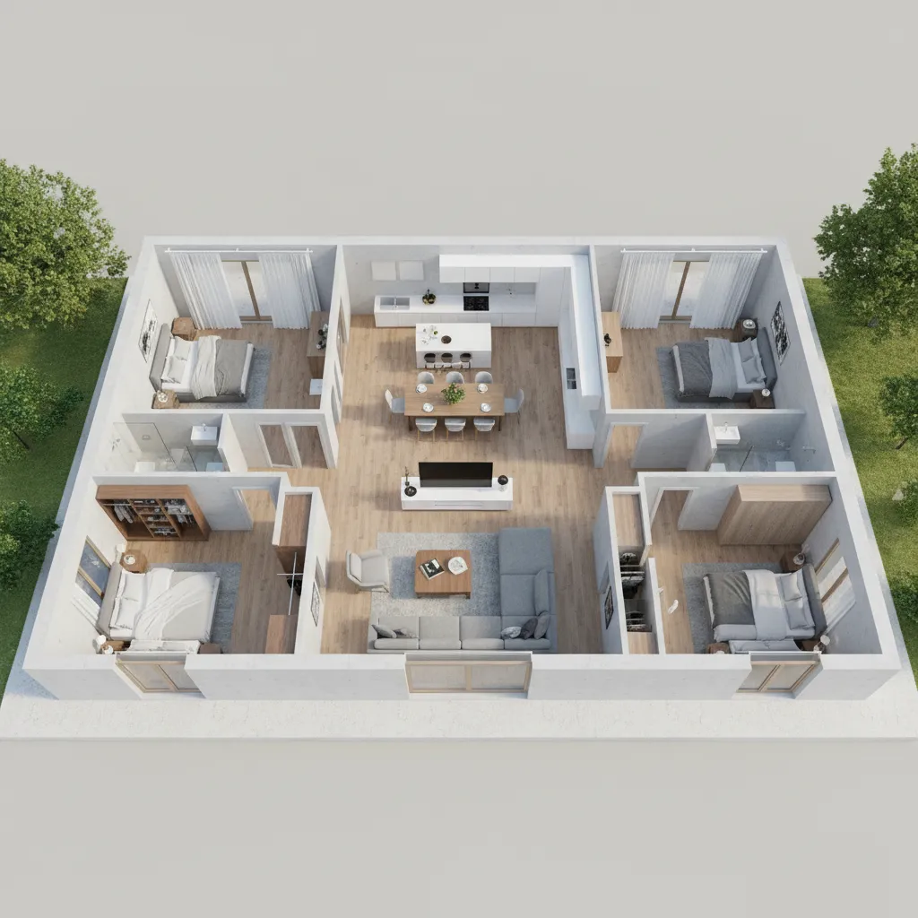 Visualización 3D de plano de casa con tres dormitorios