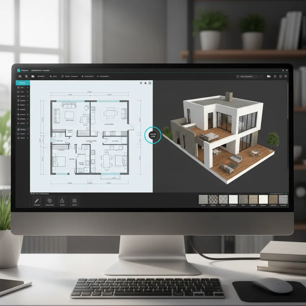 Computer screen showing floor plan software with a 2D layout and 3D interior design drawing
