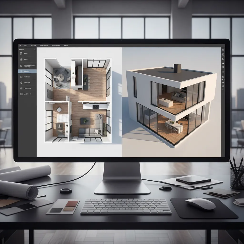 Desktop computer showing 3D interior design drawing of a modern apartment with open plan layout
