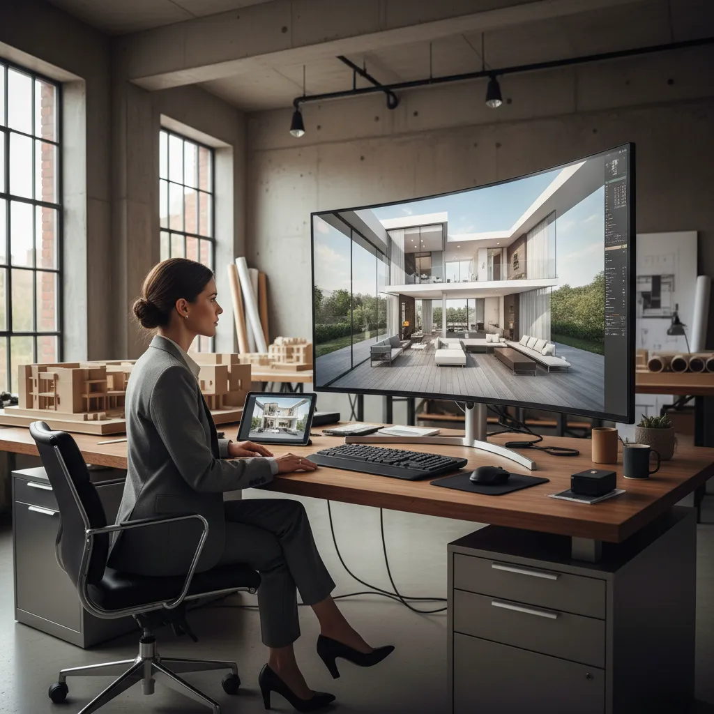 Diseñador revisando un plano de casa en 3D en una pantalla grande