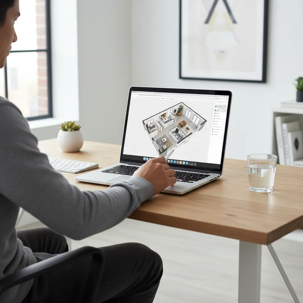 Person using laptop on wooden table showing three dimensional house room layout plan design view
