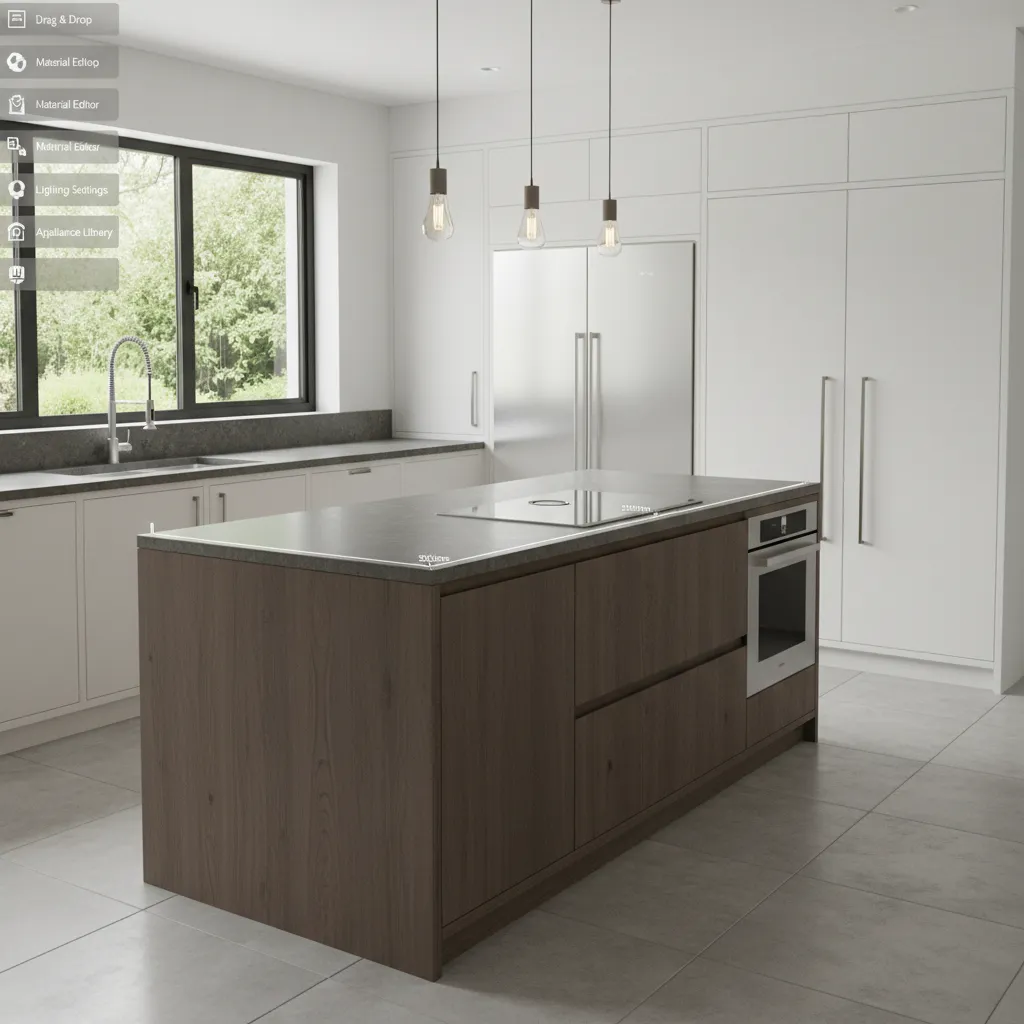 Modern kitchen design featuring dark wood island white cabinets stainless steel fridge and hanging lights