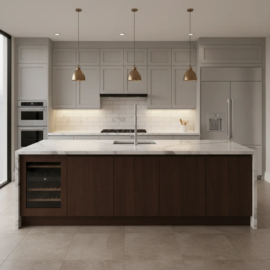 Diseño digital de cocina en 3D con isla central