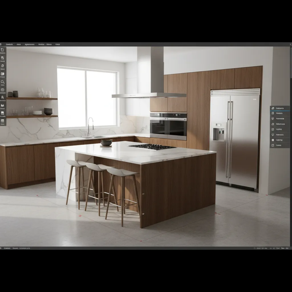 Diseño de cocina en software 3D mostrando isla y electrodomésticos