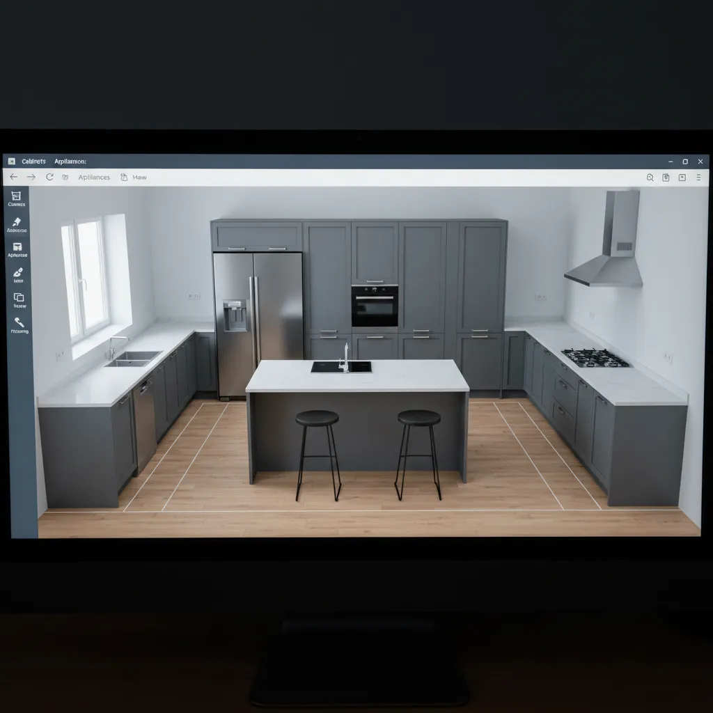 Plano digital de cocina mostrando distribución de muebles y electrodomésticos