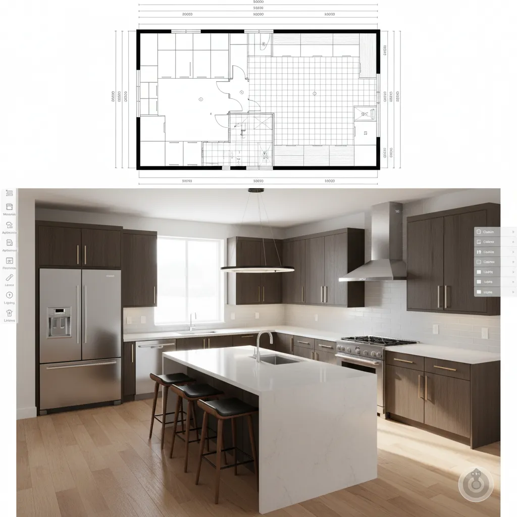 Diseño digital de cocina con distribución de muebles y electrodomésticos