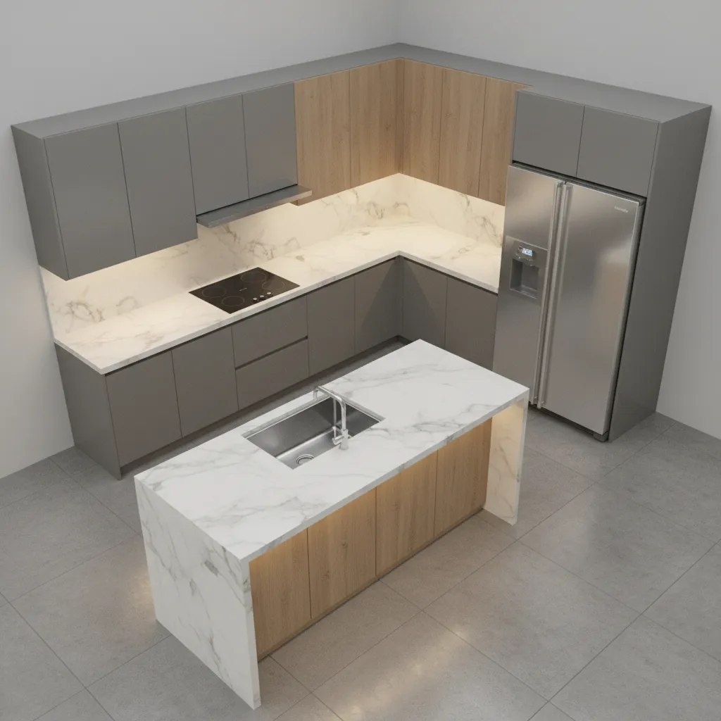 Modern kitchen design with grey cabinets marble island sink wooden panels fridge and grey floor