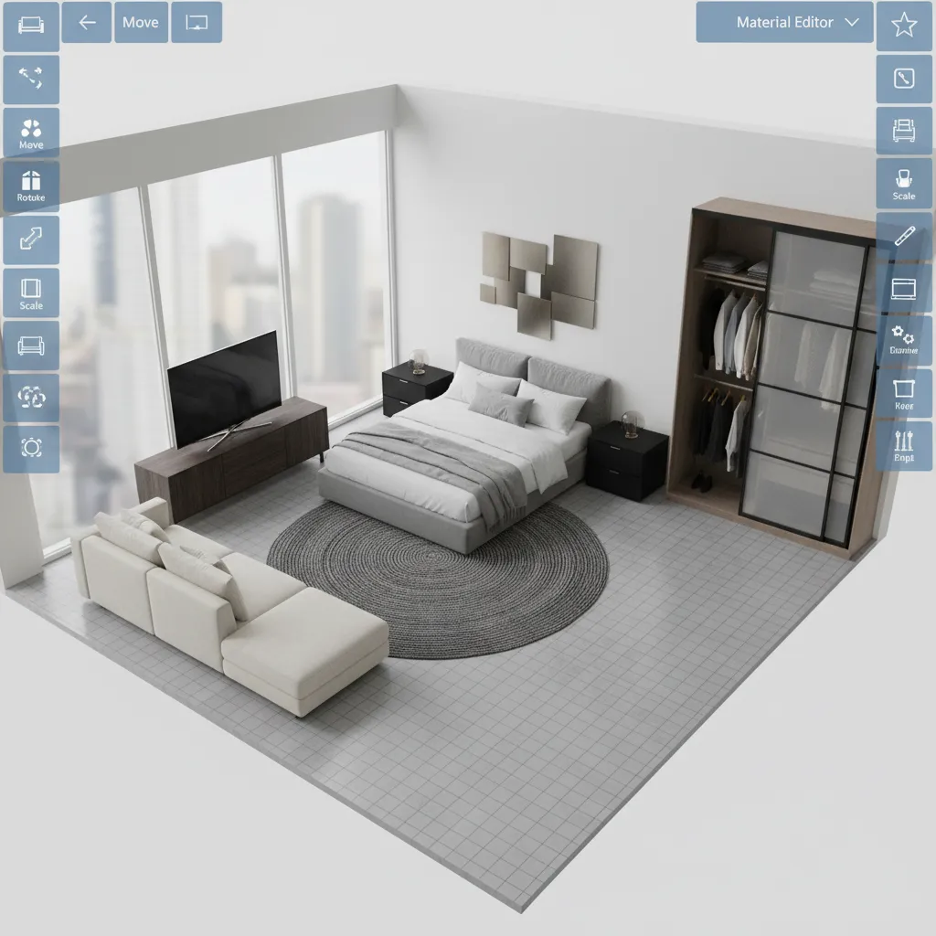 Coohom interior design drawing showing a bedroom with a bed, grey rug, sofa, and wardrobe