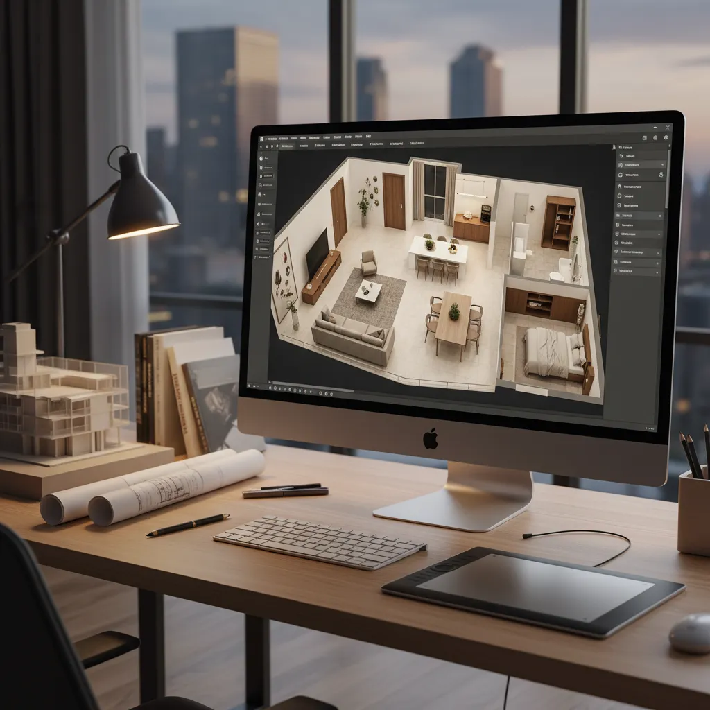 Pantalla de ordenador mostrando software de planificación de interiores