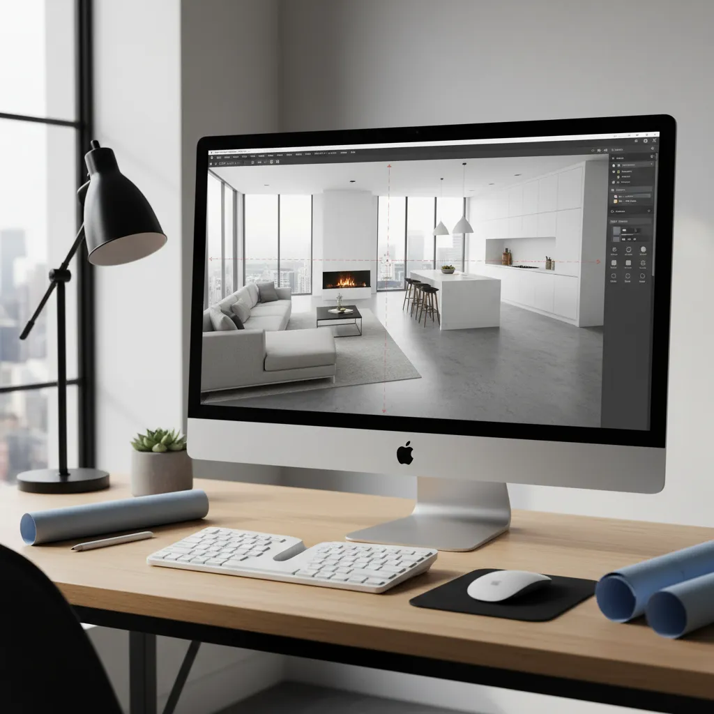 Pantalla de ordenador mostrando un diseño digital de una habitación